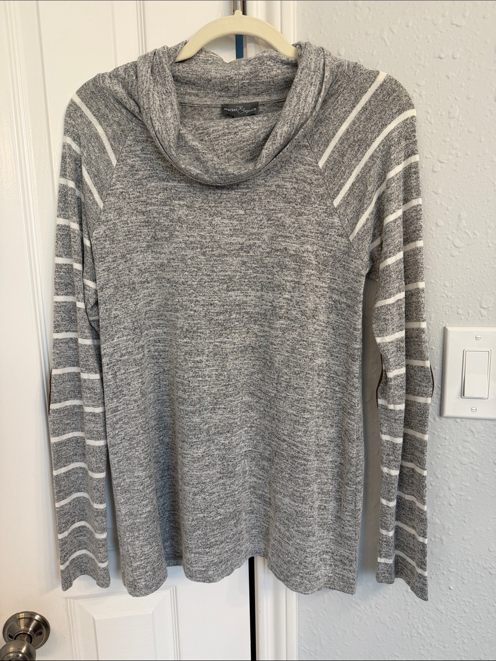 Market & Spruce Heather Gray Cowl Neck Sweater with White Stripes
